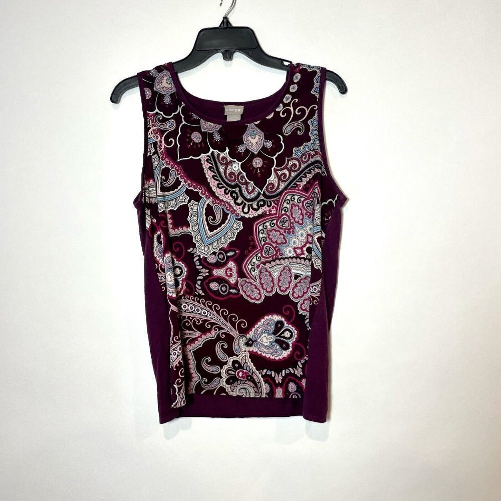 Chico's Tank Top Womens Size M Red Purple Sleeveless Paisley Round Neck Knit